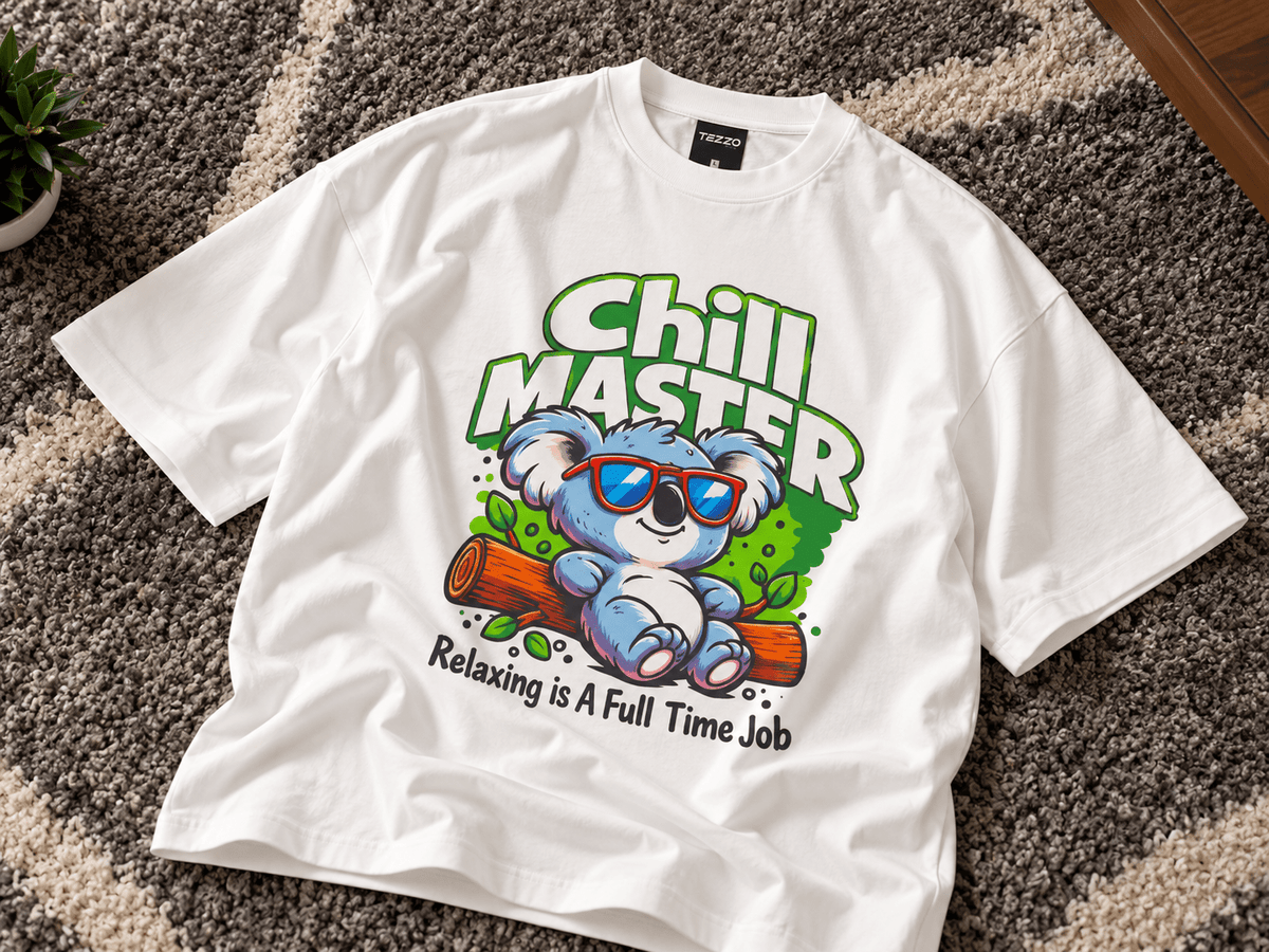 White Chill Master koala graphic T-shirt with colorful cartoon artwork