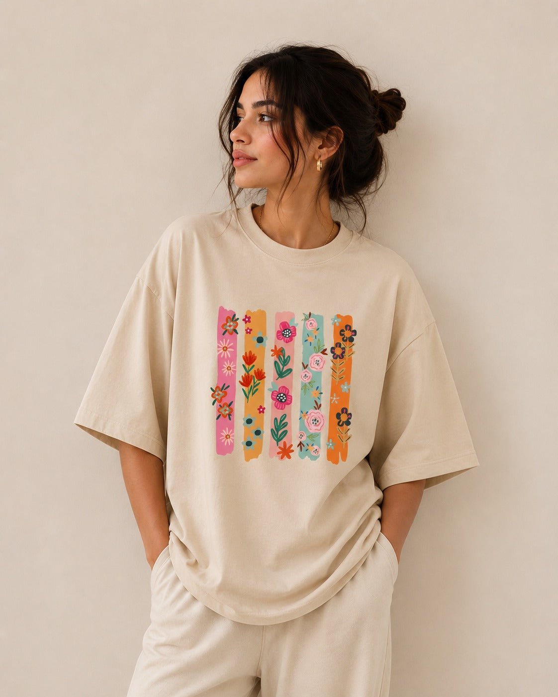 Cool Flowers (Beige) oversized drop shoulder T-shirt by TEEZO Pakistan