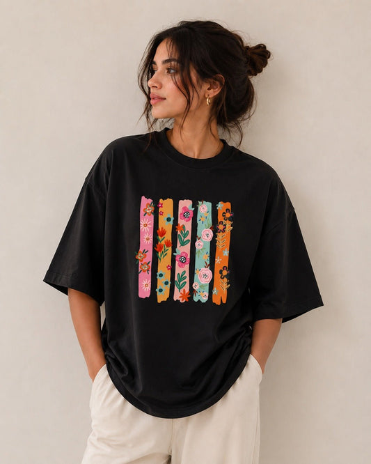 Cool Flowers (Black) oversized drop shoulder T-shirt by TEEZO Pakistan