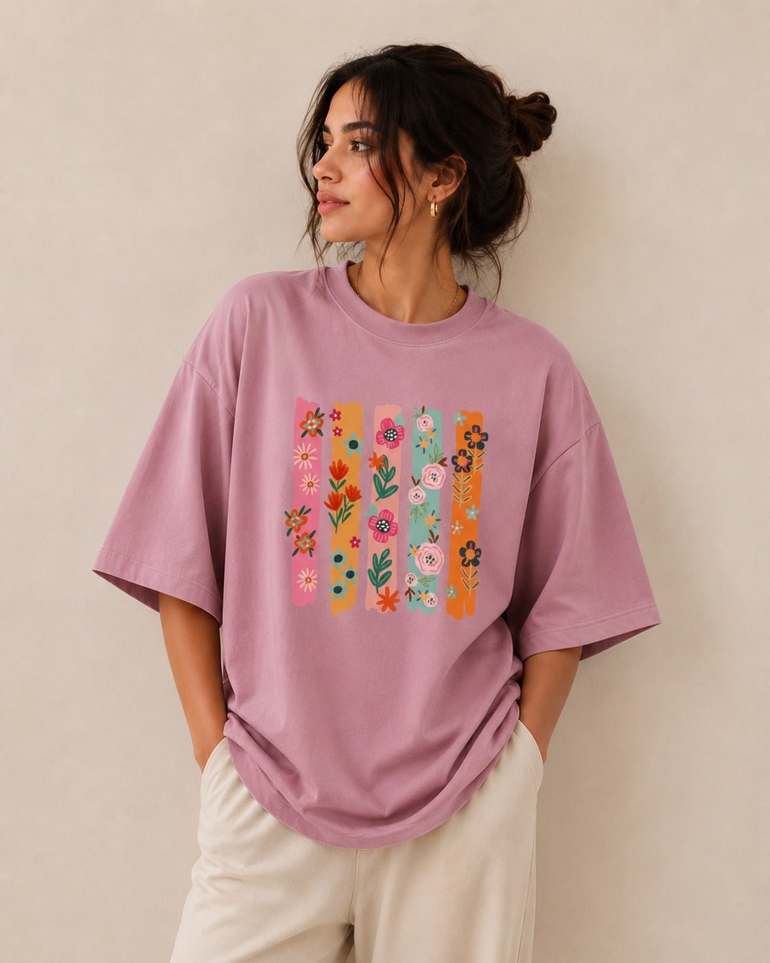 Cool Flowers (Pink) oversized drop shoulder T-shirt by TEEZO Pakistan