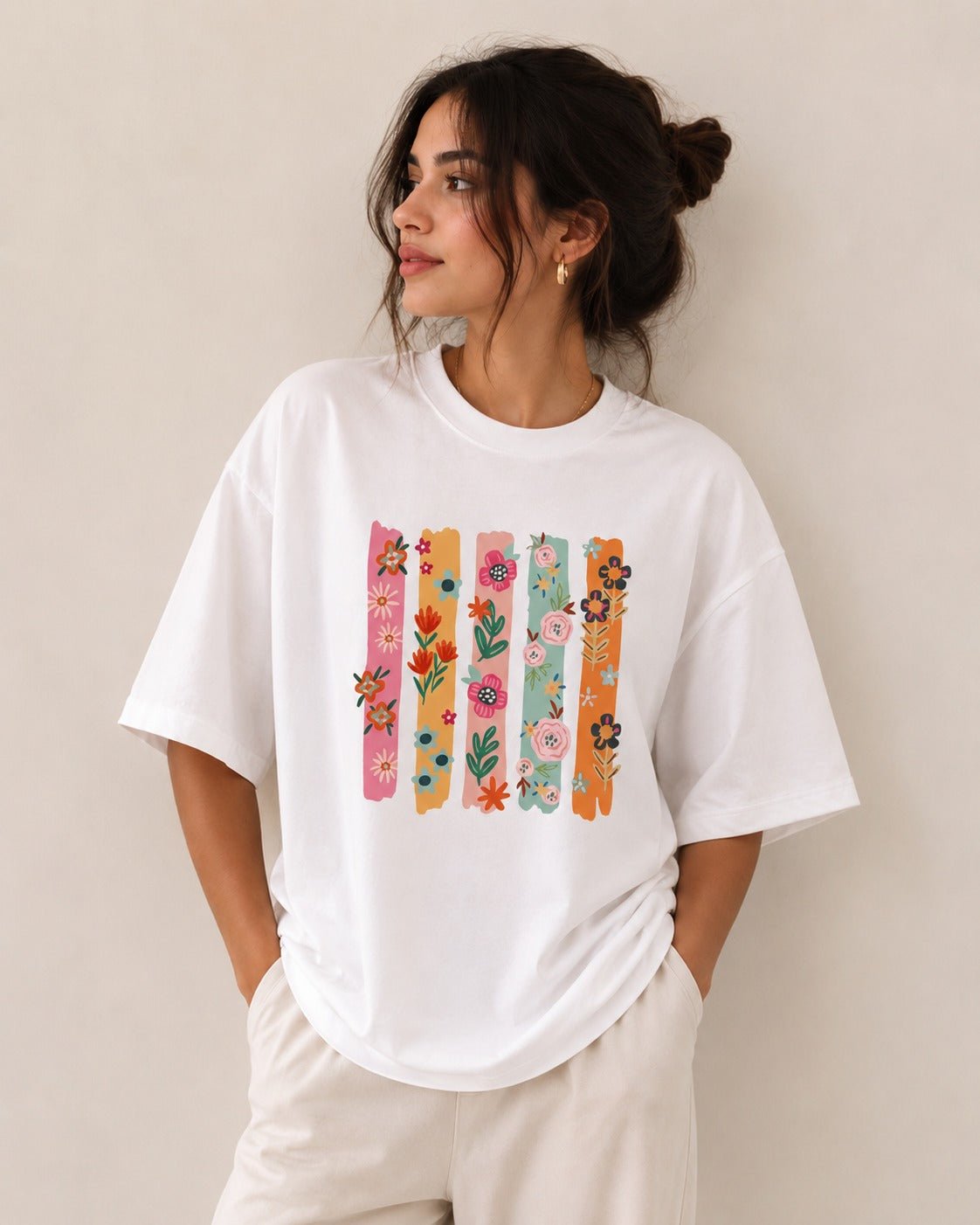 Cool Flowers (White) oversized drop shoulder T-shirt by TEEZO Pakistan