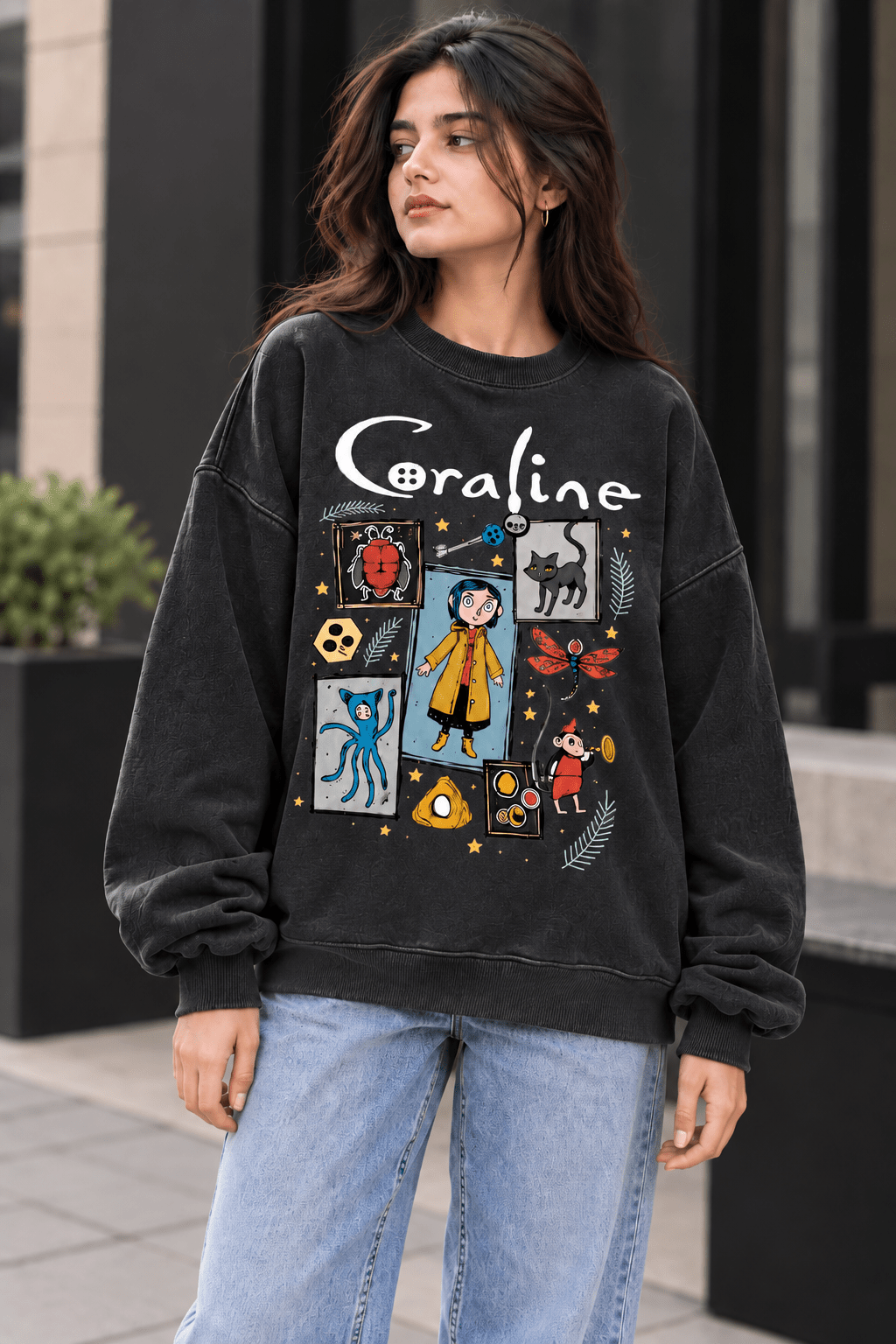Coraline graphic oversized sweatshirt in charcoal black by TEEZO