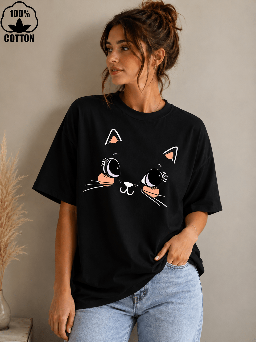 Cutie Cat (Black) oversized drop shoulder T-shirt by TEEZO Pakistan
