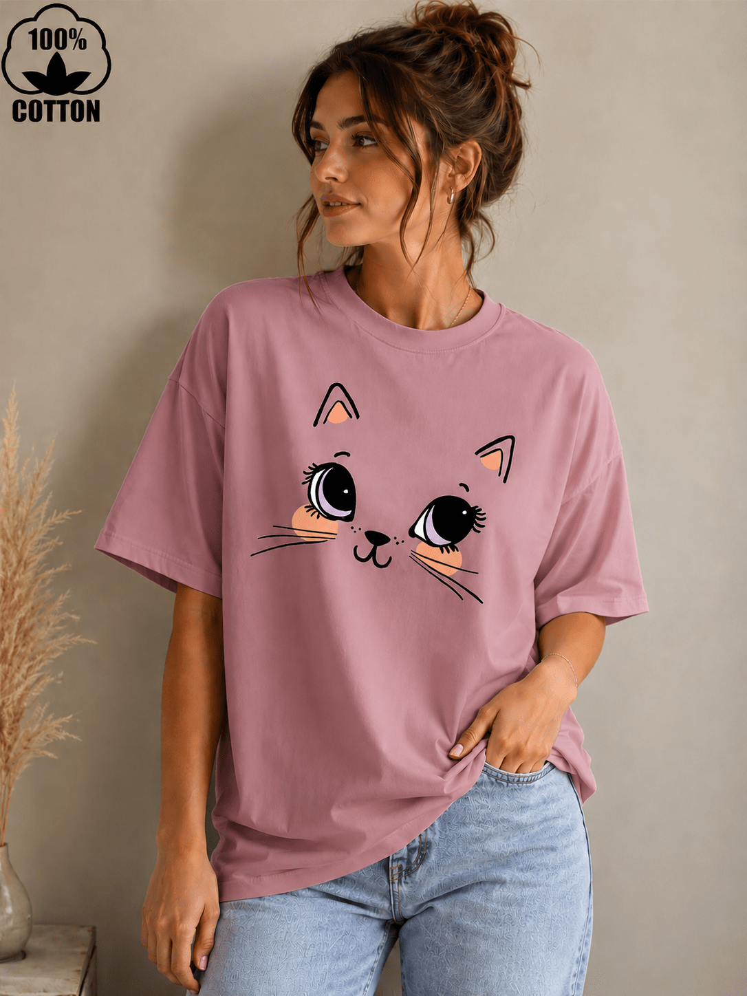 Cutie Cat (Pink) oversized drop shoulder T-shirt by TEEZO Pakistan