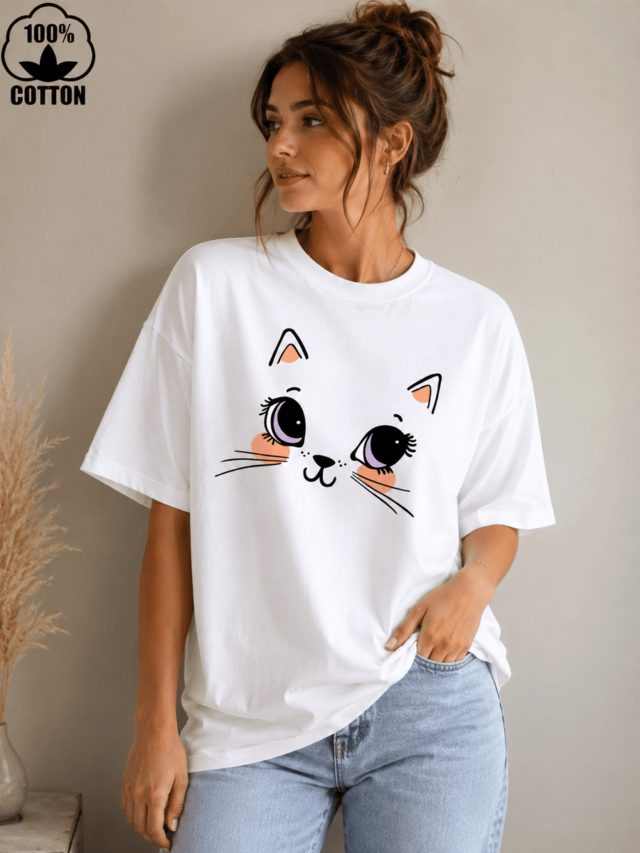 Cutie Cat (White) oversized drop shoulder T-shirt by TEEZO Pakistan
