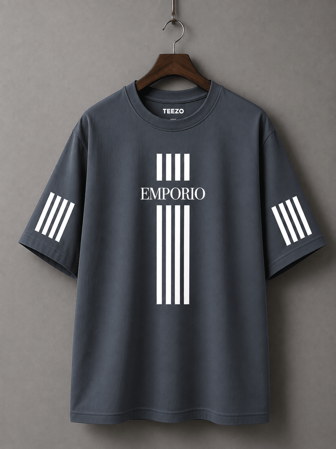 Emporio Oversized Drop Shoulder T-Shirt for Men in Charcoal Grey with White Stripe Graphic by TEEZO