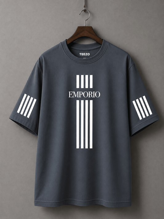 Emporio Oversized Drop Shoulder T-Shirt for Men in Charcoal Grey with White Stripe Graphic by TEEZO