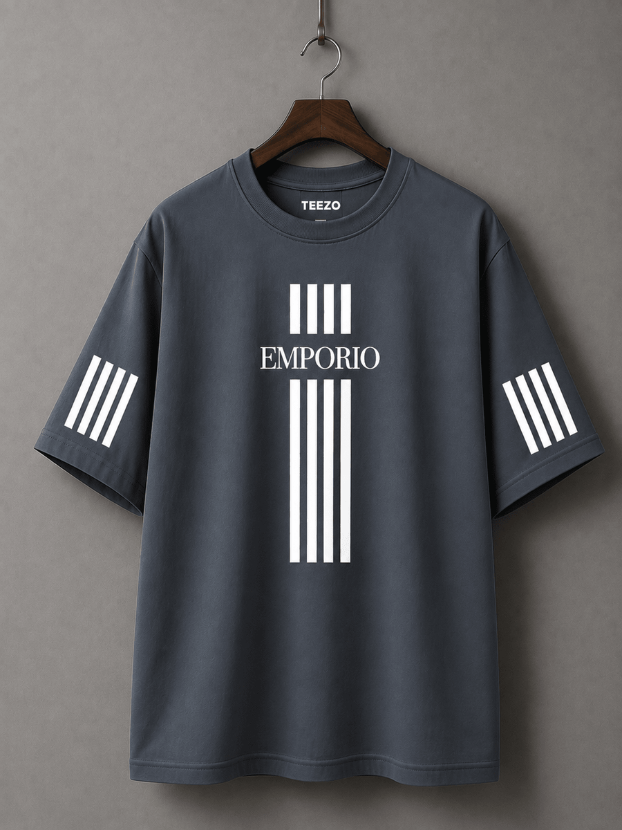 Emporio Oversized Drop Shoulder T-Shirt for Men in Charcoal Grey with White Stripe Graphic by TEEZO