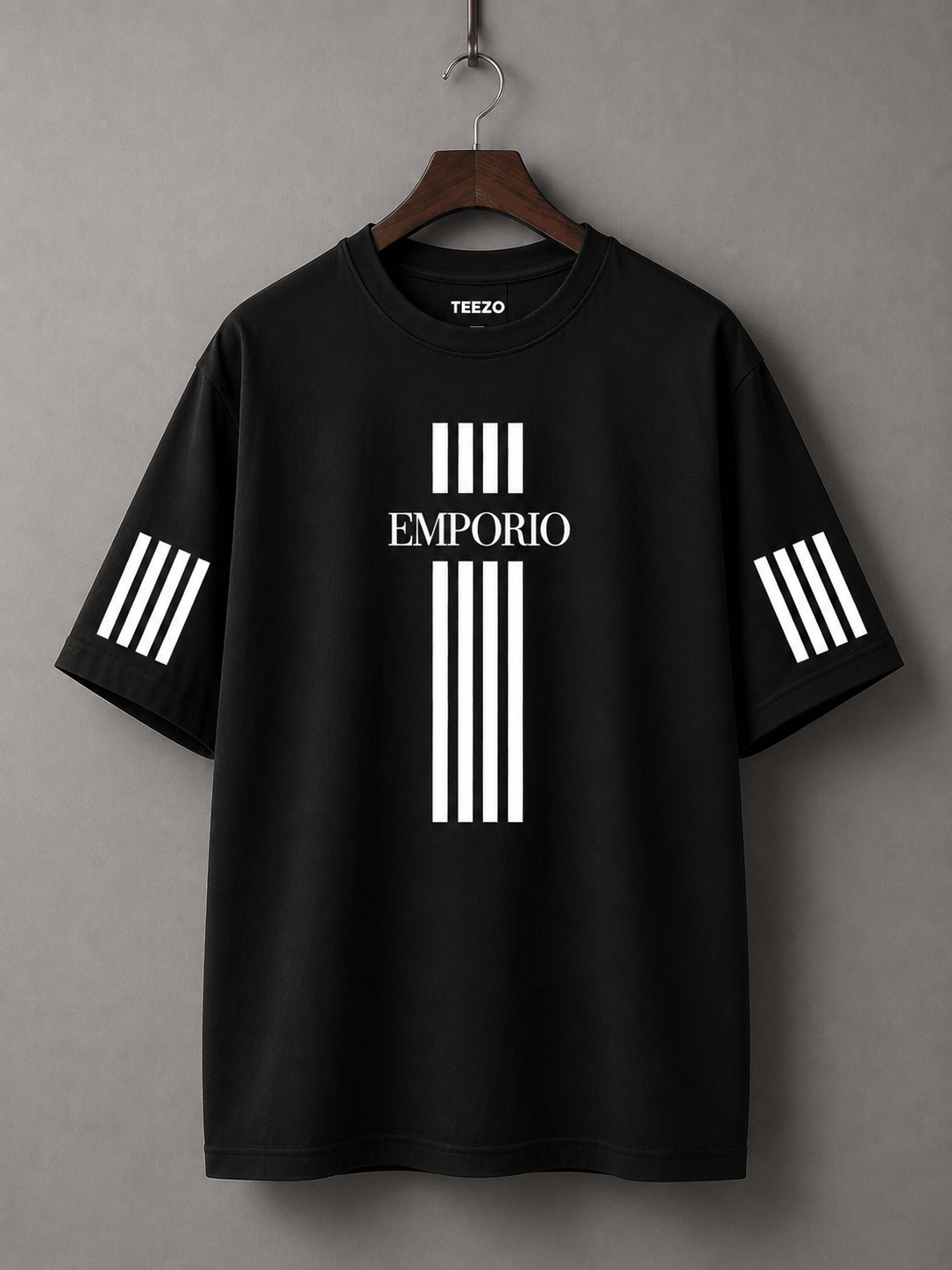 Emporio Oversized Drop Shoulder T-Shirt for Men in Charcoal Grey with White Stripe Graphic by TEEZO
