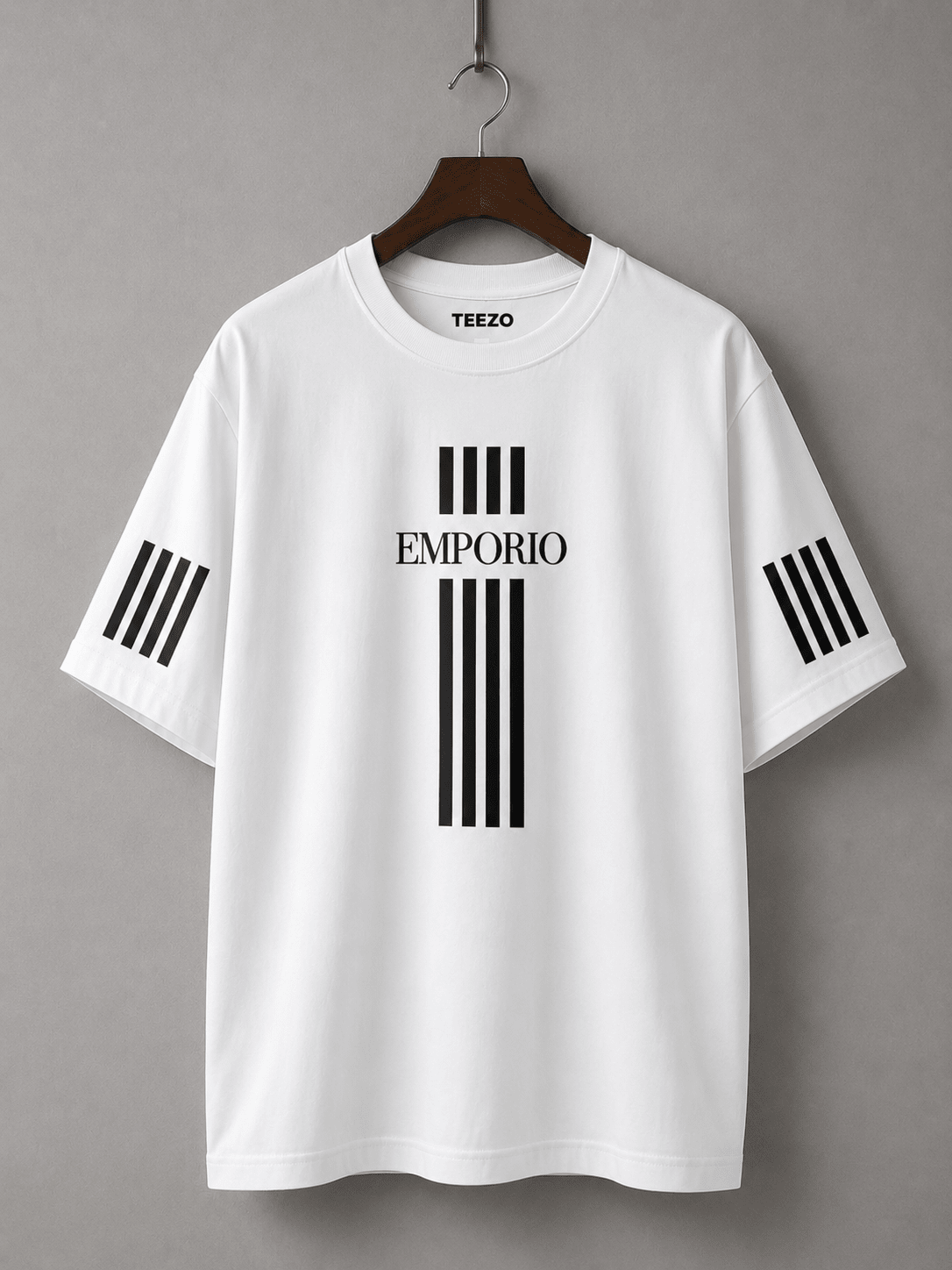 Emporio Oversized Drop Shoulder T-Shirt for Men in Charcoal Grey with White Stripe Graphic by TEEZO