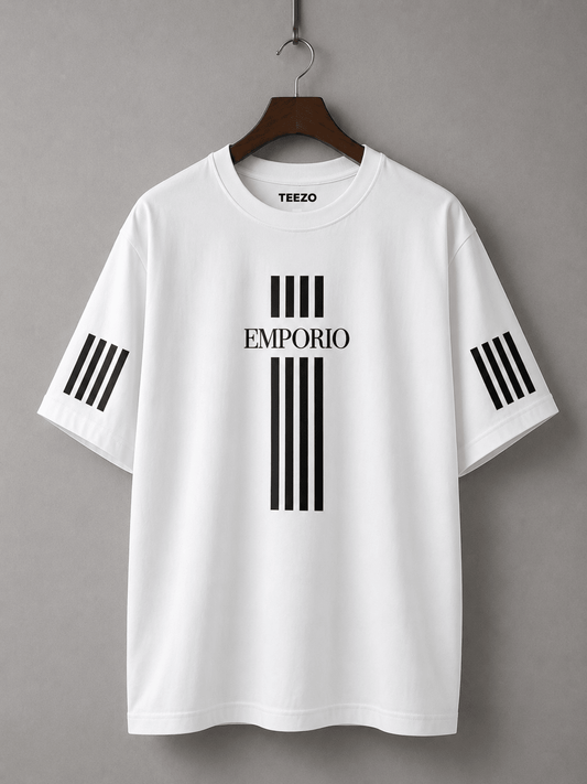 Emporio Oversized Drop Shoulder T-Shirt for Men in Charcoal Grey with White Stripe Graphic by TEEZO