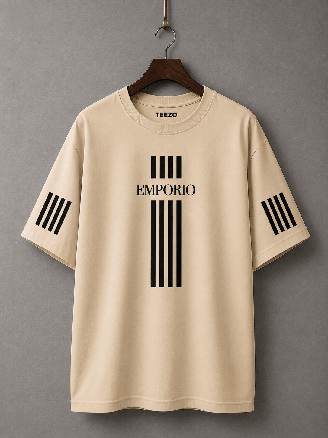 Emporio Oversized Drop Shoulder T-Shirt for Men in Charcoal Grey with White Stripe Graphic by TEEZO