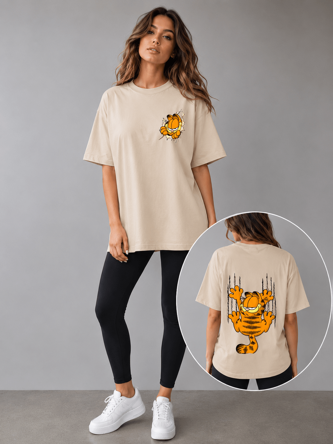 Garfield2 (Beige) oversized drop shoulder T-shirt by TEEZO Pakistan