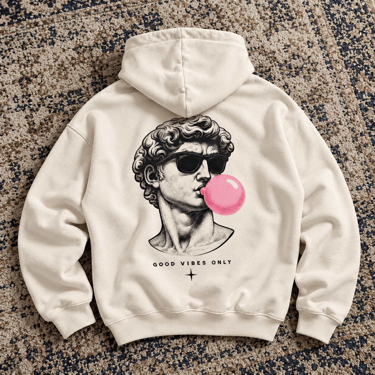 Off-white oversized Good Vibes Only graphic hoodie with vintage statue back print