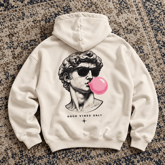 Off-white oversized Good Vibes Only graphic hoodie with vintage statue back print