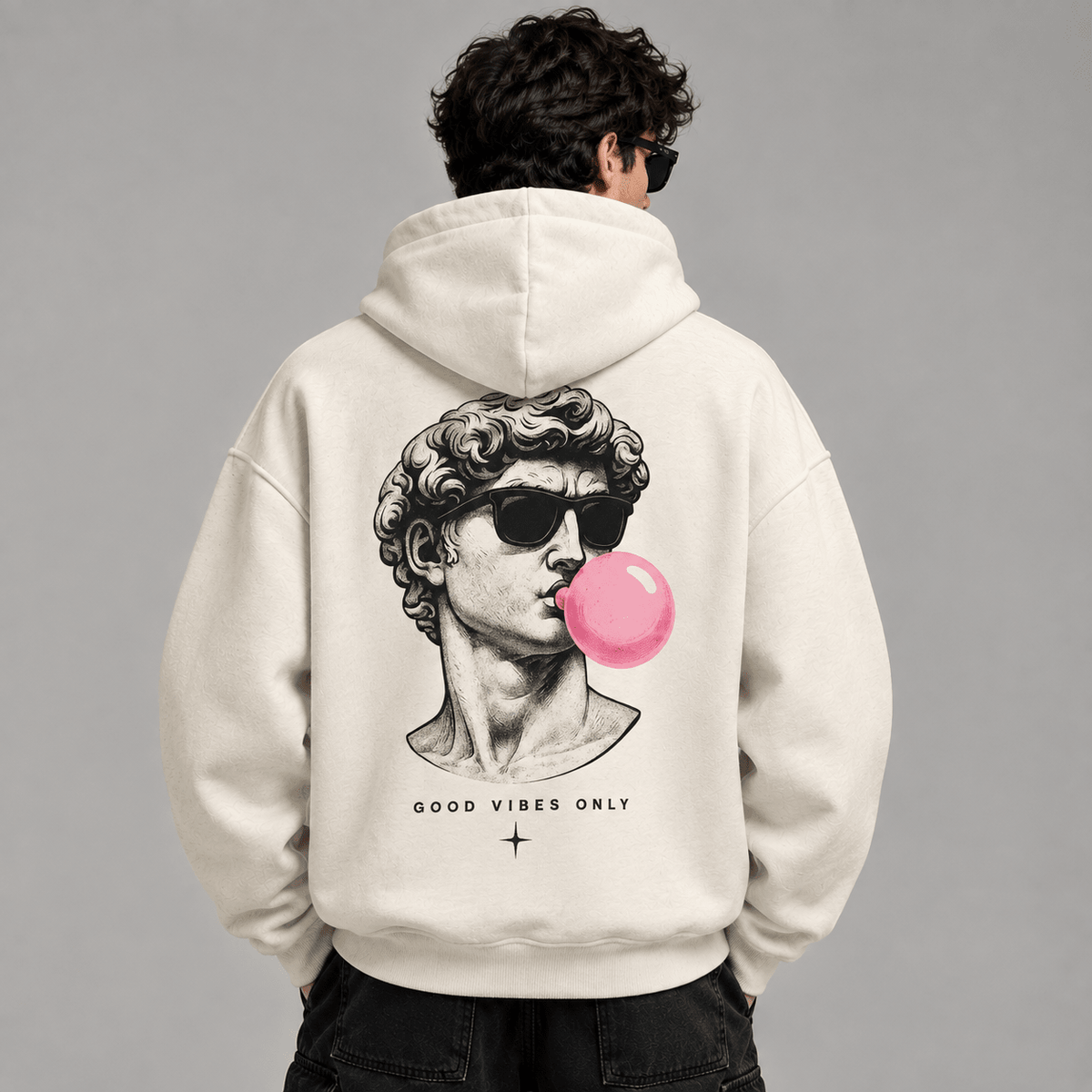 Off-white oversized Good Vibes Only graphic hoodie with vintage statue back print