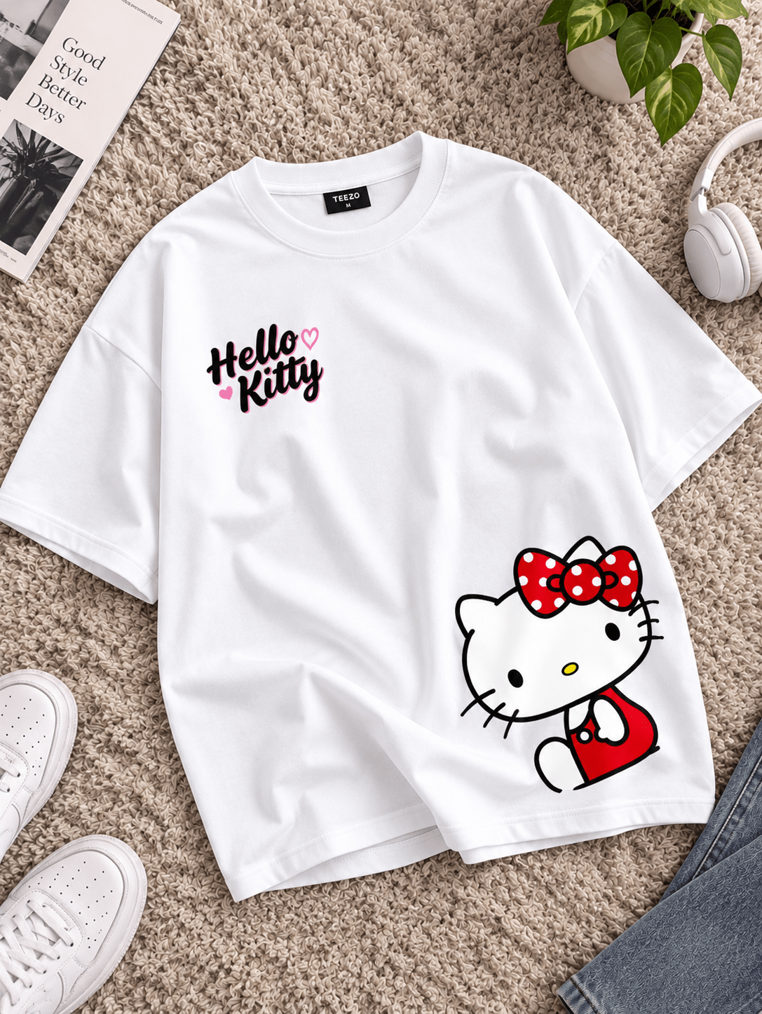 Hello Kitty white oversized drop shoulder T-shirt for women by TEEZO