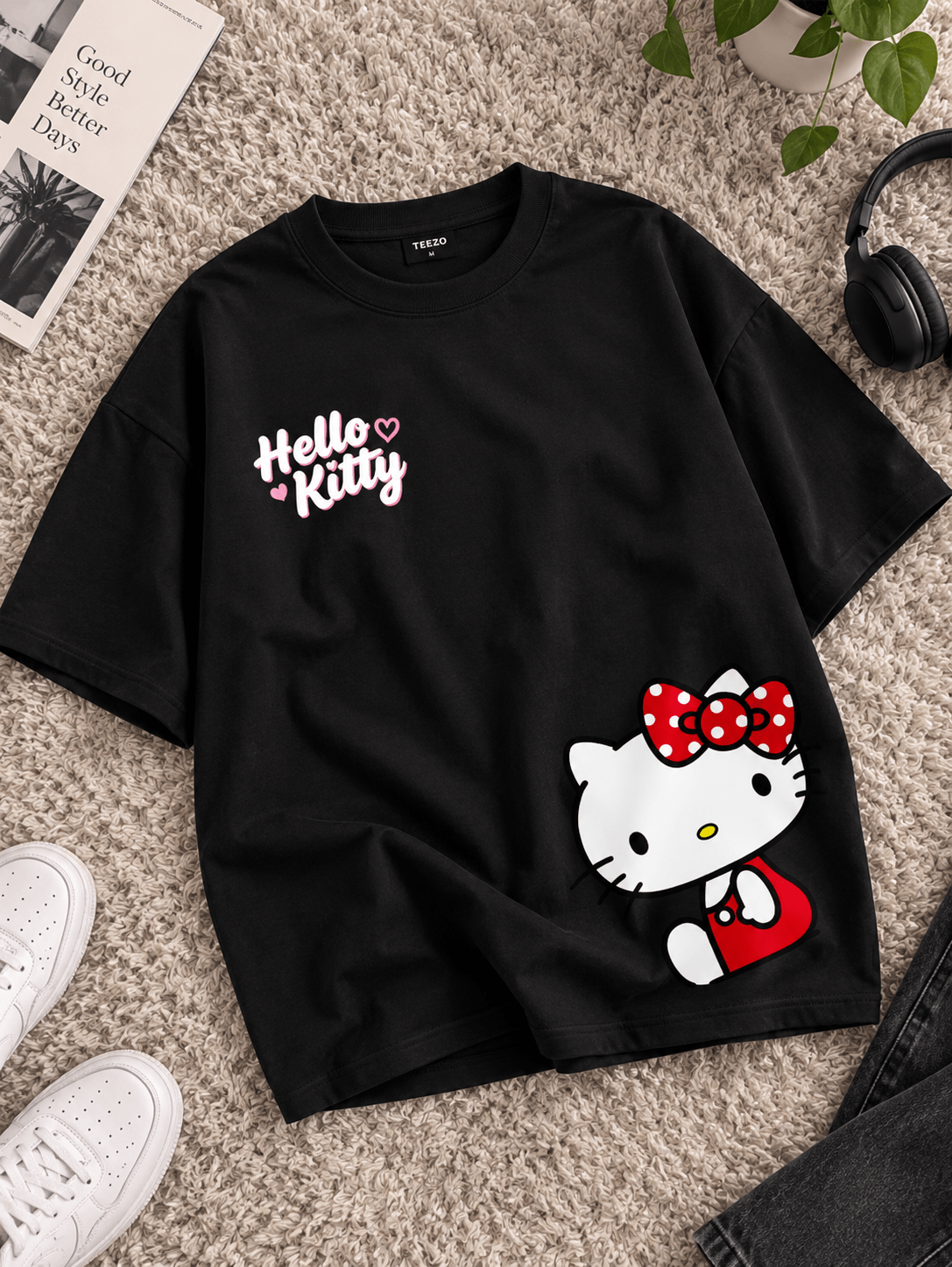 Hello Kitty black oversized drop shoulder T-shirt for women by TEEZO