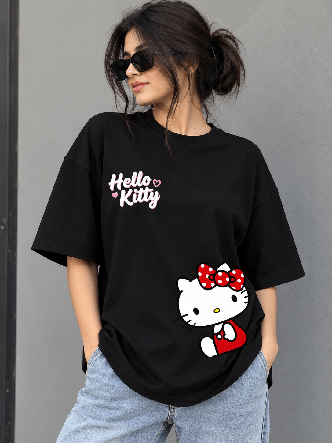 Hello Kitty black oversized drop shoulder T-shirt for women by TEEZO
