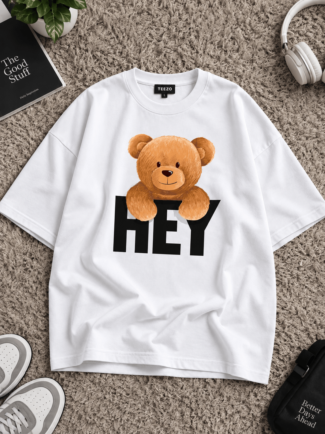 White HEY teddy bear oversized graphic T-shirt on rug