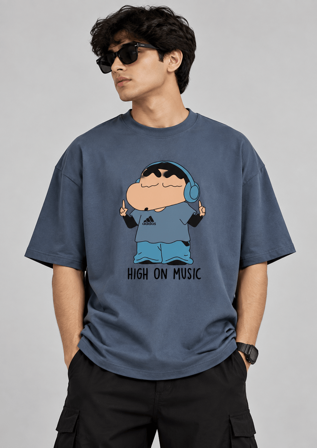 TEEZO High On Music blueish grey oversized drop shoulder cotton t-shirt for men and women in Pakistan