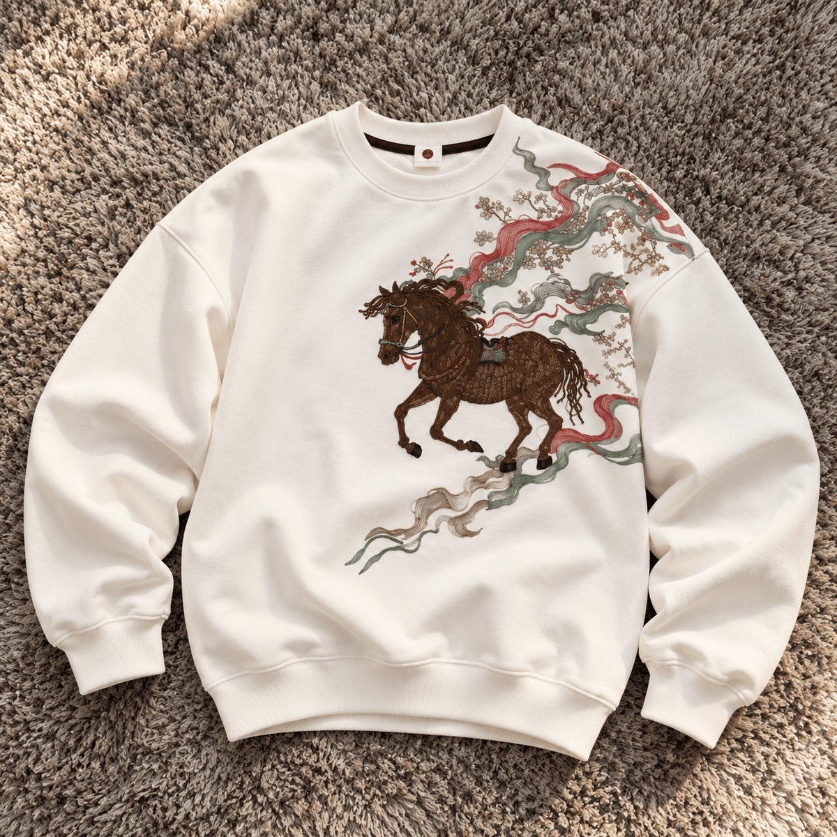 TEEZO off-white oversized sweatshirt featuring a detailed brown horse graphic with flowing red and green decorative artwork, worn by a male model.