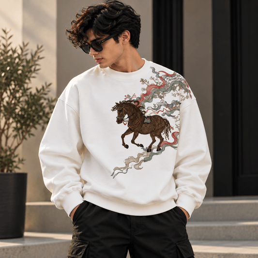 TEEZO off-white oversized sweatshirt featuring a detailed brown horse graphic with flowing red and green decorative artwork, worn by a male model.