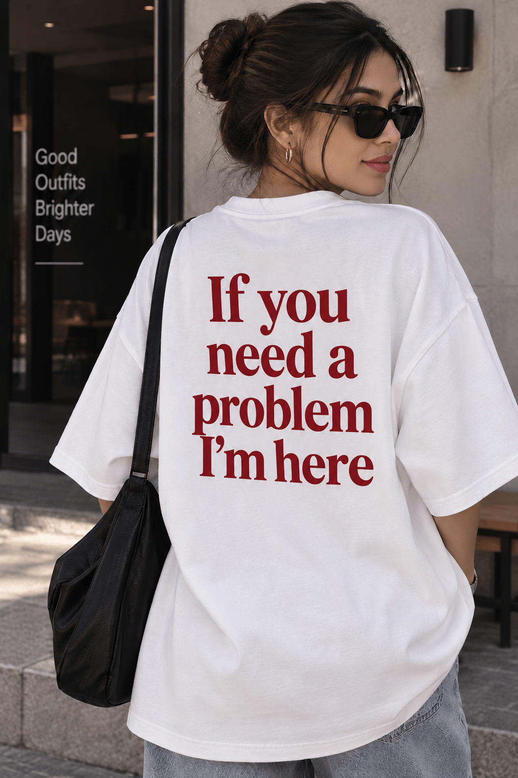 TEEZO If You Need A Problem I’m Here oversized white drop shoulder t-shirt with red back print on female model