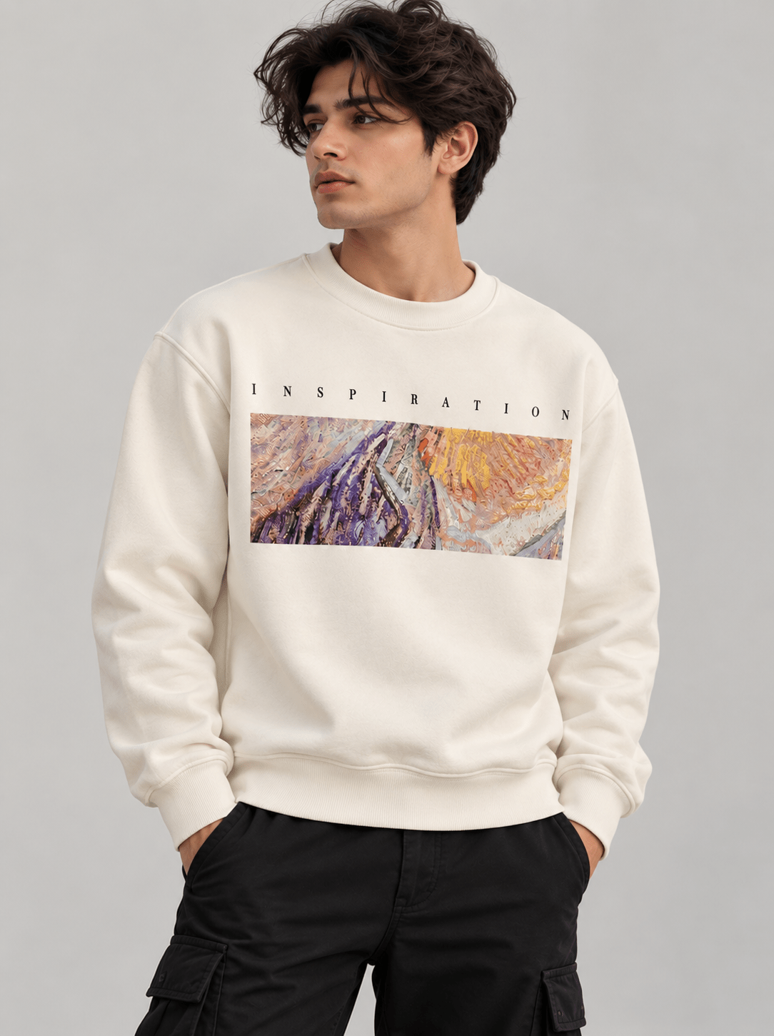 TEEZO Cream Inspiration Oversized Graphic Sweatshirt with Colorful Abstract Artwork