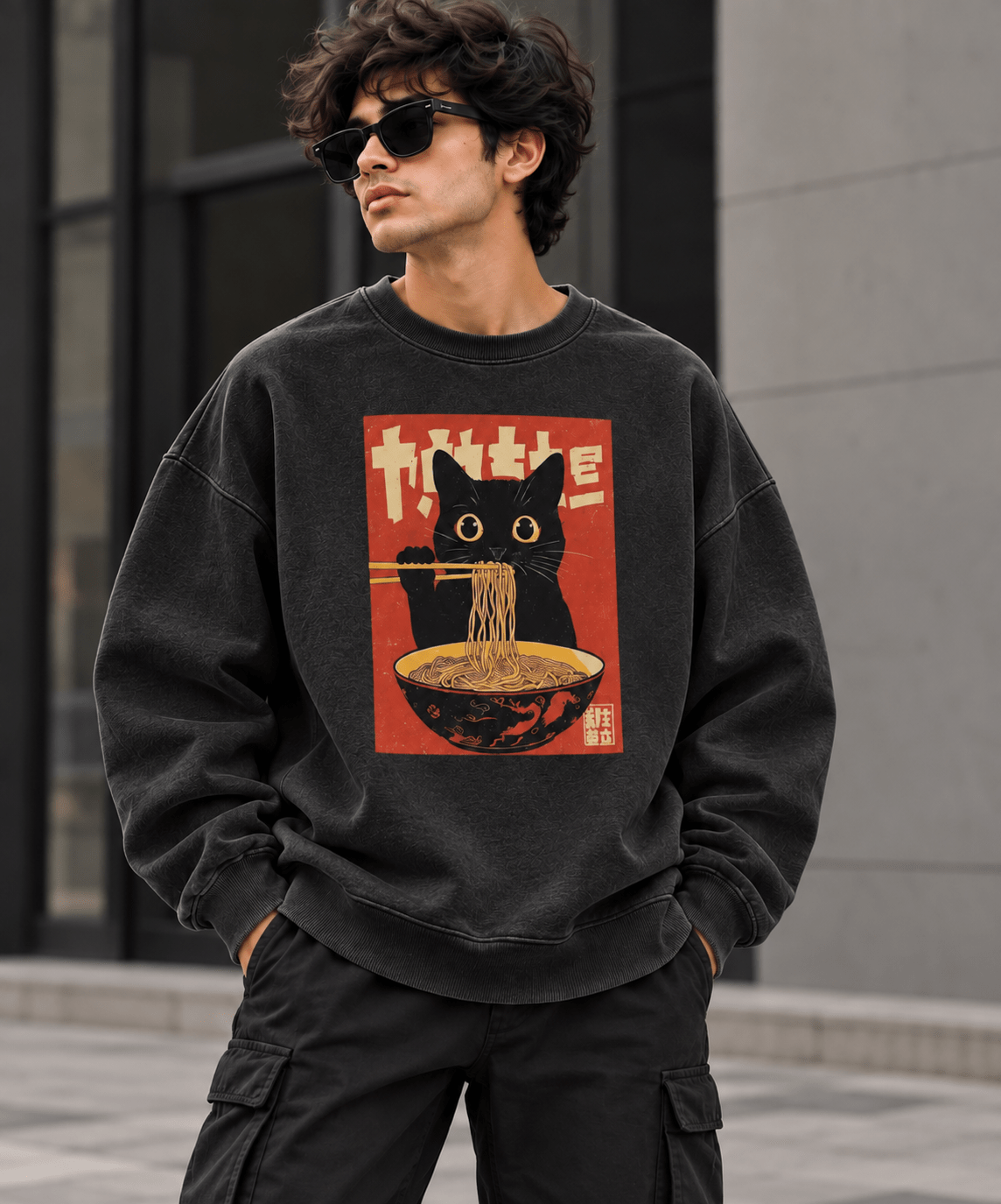 Japanese cat ramen graphic oversized sweatshirt by TEEZO