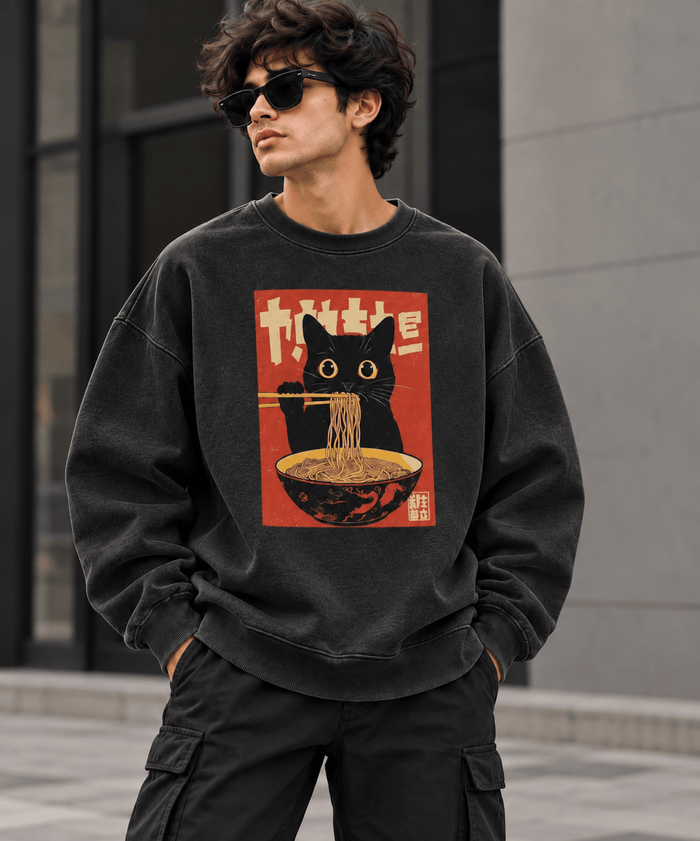 Japanese Cat Ramen Oversized Sweatshirt – Charcoal Black
