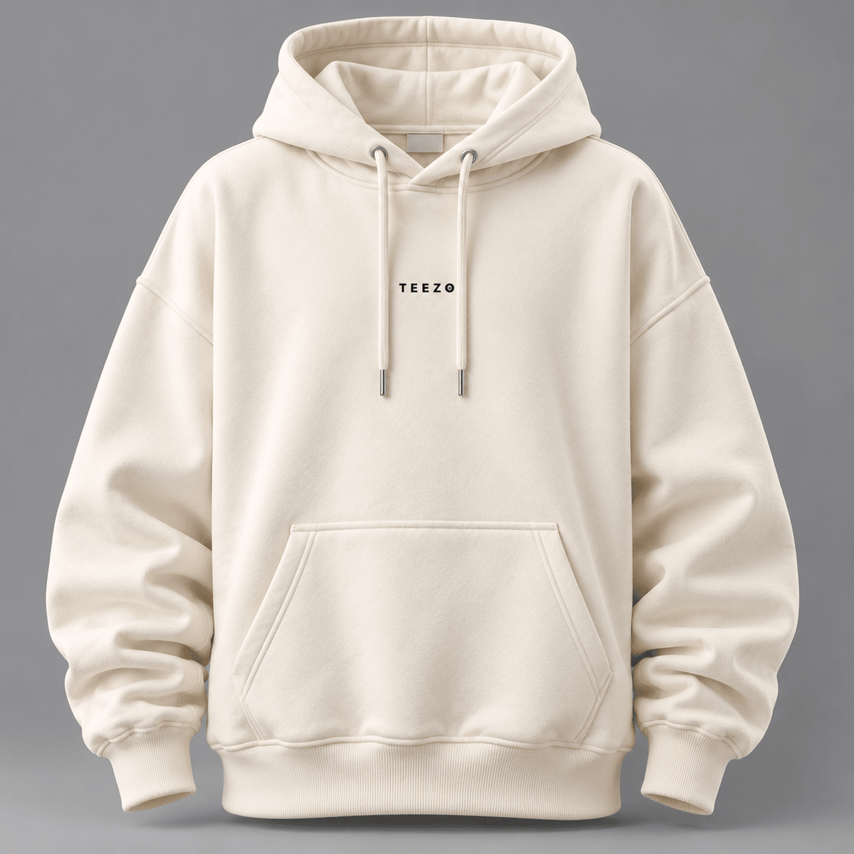 TEEZO off white oversized hoodie front view with minimal logo