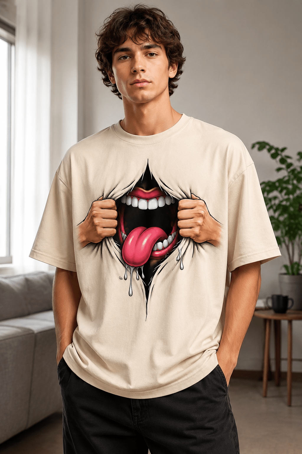 Loud (Beige) oversized drop shoulder T-shirt by TEEZO Pakistan