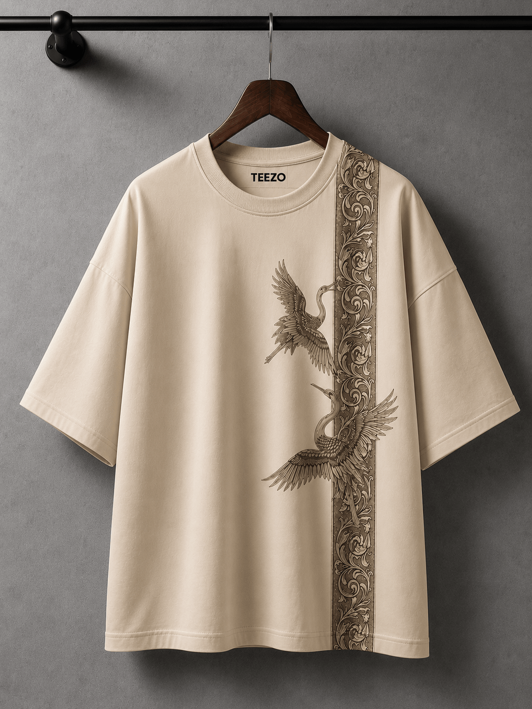 Luxury Japanese Crane Graphic Oversized T-Shirt | Premium Cotton Unisex Streetwear | Beige Tee