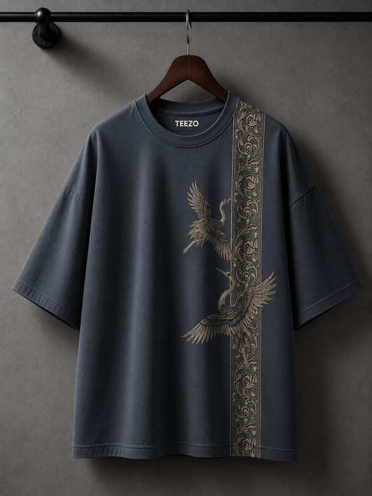 Luxury Japanese Crane Graphic Oversized T-Shirt | Premium Cotton Unisex Streetwear | Grey Tee