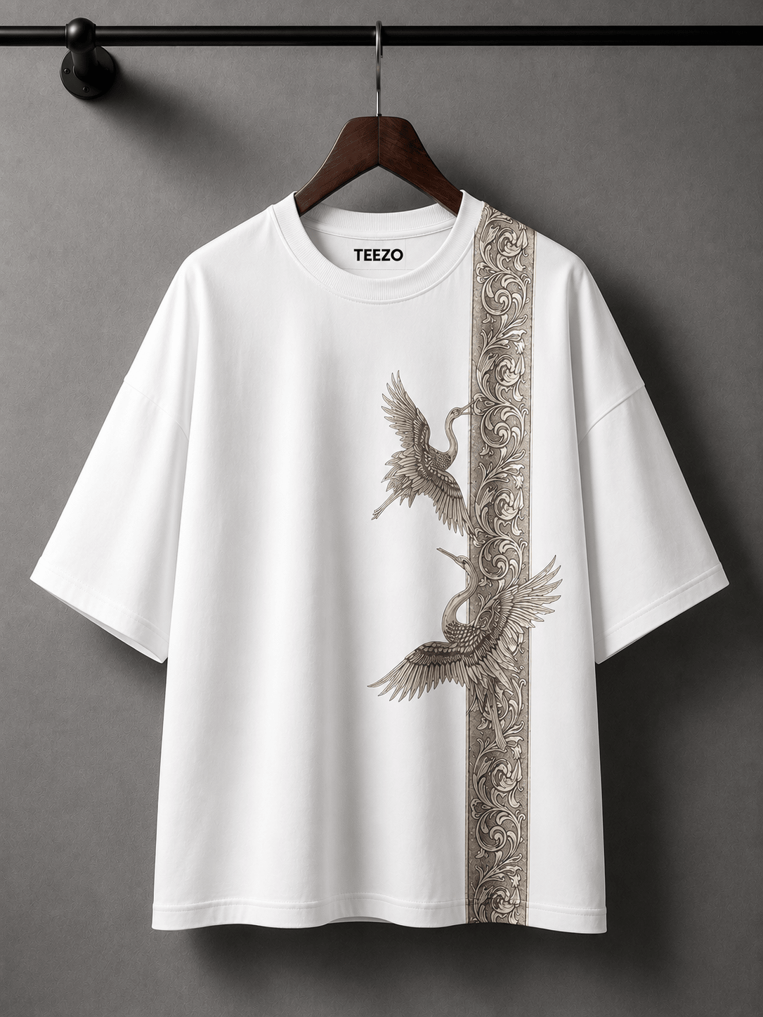 Luxury Japanese Crane Graphic Oversized T-Shirt | Premium Cotton Unisex Streetwear | White Tee