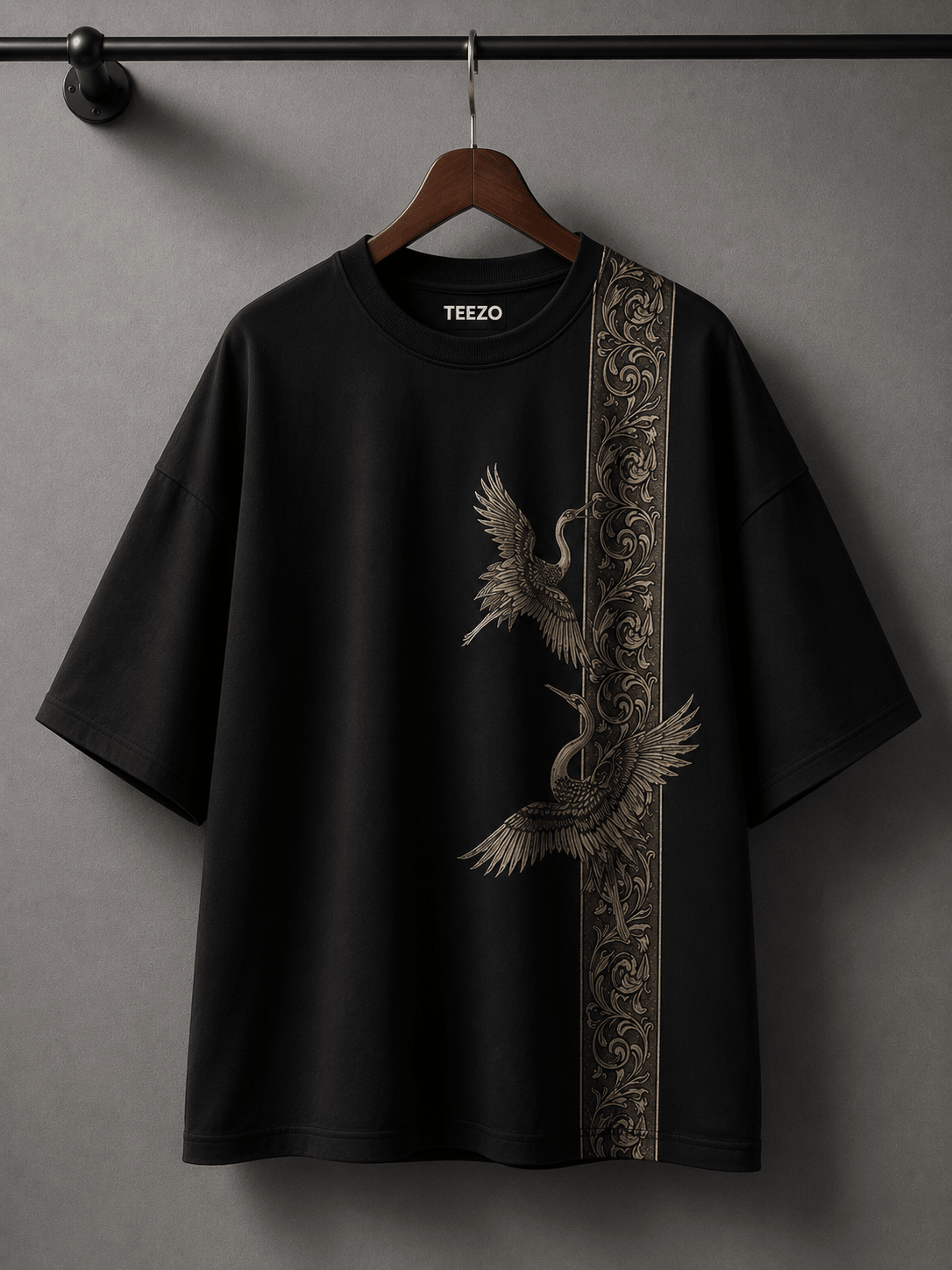 Luxury Japanese Crane Graphic Oversized T-Shirt | Premium Cotton Unisex Streetwear | Black Tee