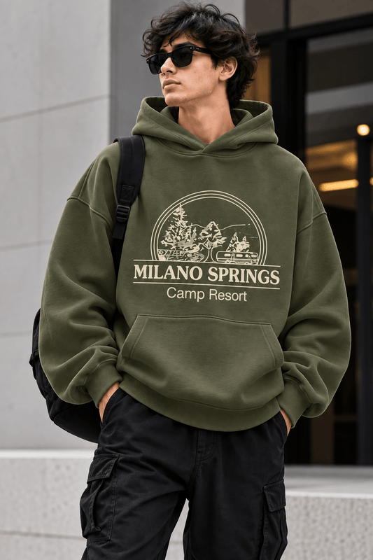 Milano Springs olive green oversized graphic hoodie