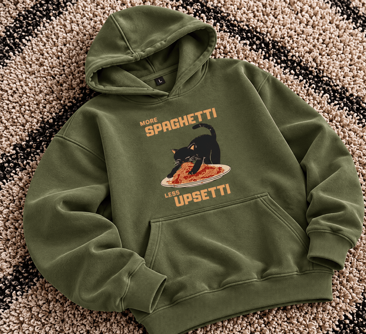 Olive green More Spaghetti Less Upsetti oversized graphic hoodie worn by male model