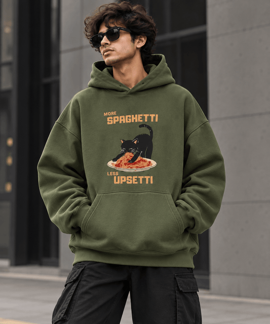 Olive green More Spaghetti Less Upsetti oversized graphic hoodie worn by male model