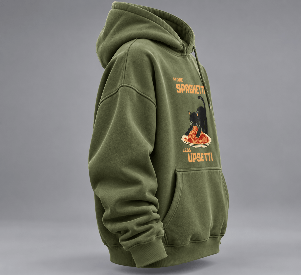 Olive green More Spaghetti Less Upsetti oversized graphic hoodie worn by male model
