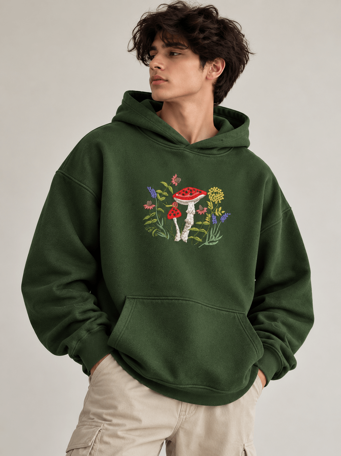 TEEZO green oversized hoodie featuring a colorful mushroom and floral garden graphic on the front