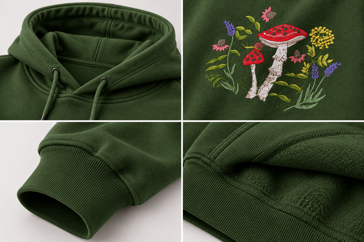 TEEZO forest green oversized hoodie featuring a colorful mushroom and floral garden graphic on the front