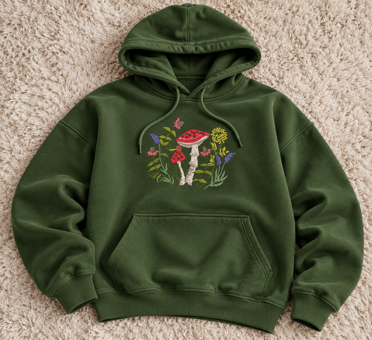 TEEZO green oversized hoodie featuring a colorful mushroom and floral garden graphic on the front