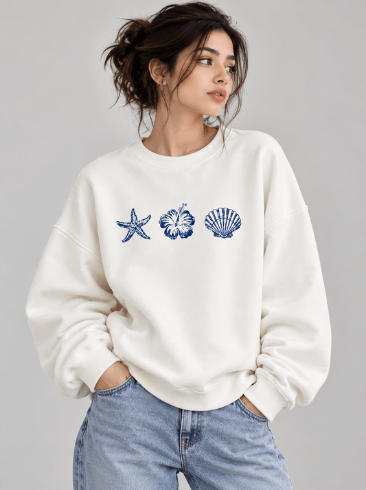 TEEZO  Nautical Oversized Sweatshirt with Blue Starfish Seashell and Floral Graphic