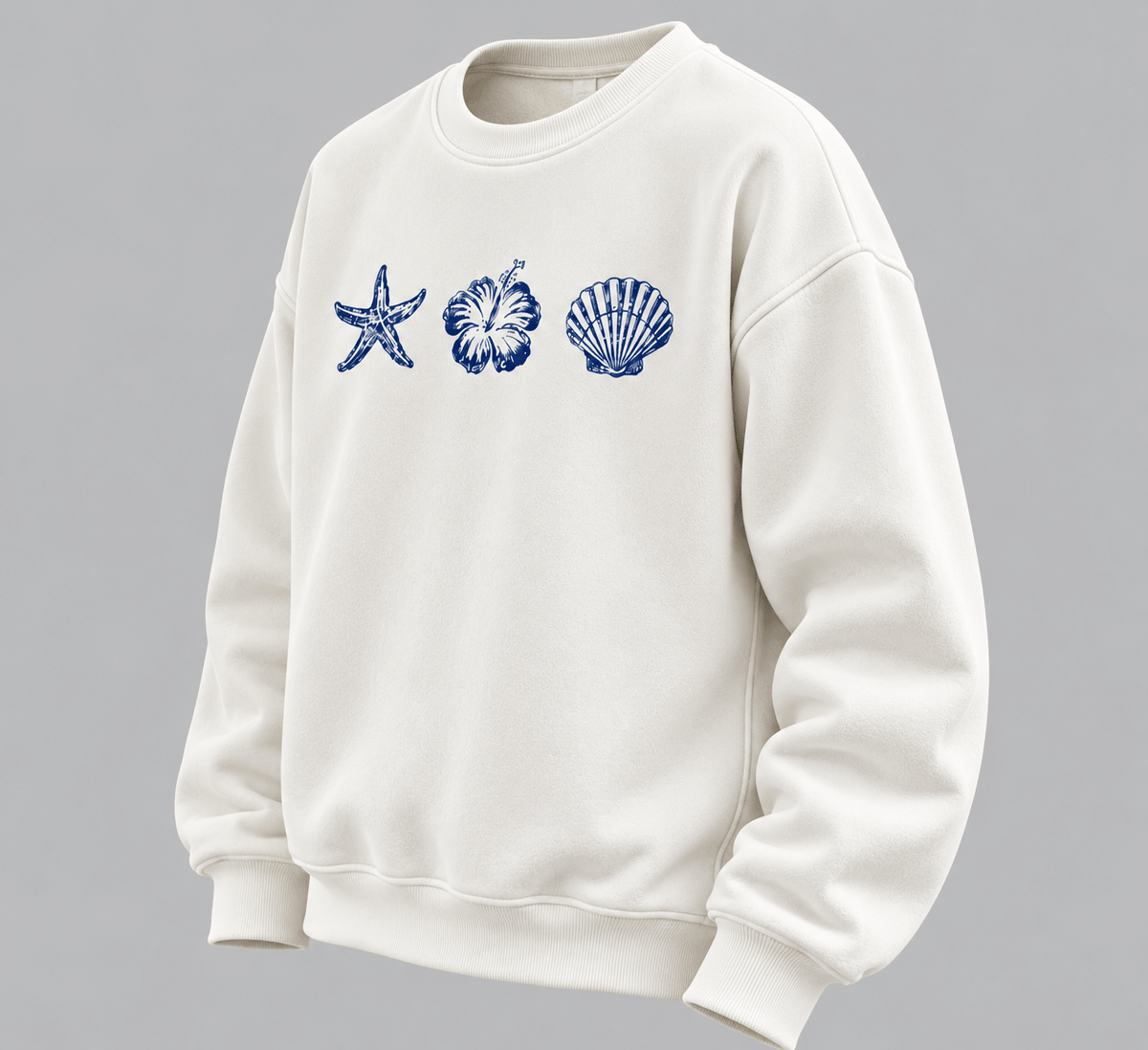 TEEZO  Nautical Oversized Sweatshirt with Blue Starfish Seashell and Floral Graphic