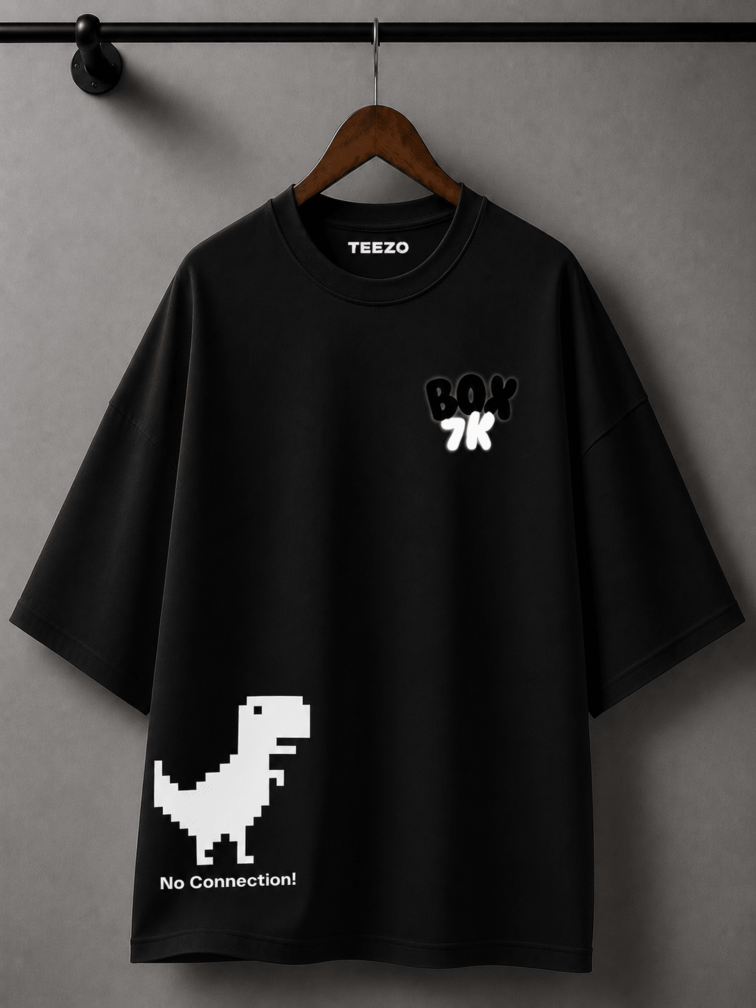 White oversized cotton T-shirt featuring a pixel dinosaur and No Connection graphic for unisex streetwear.