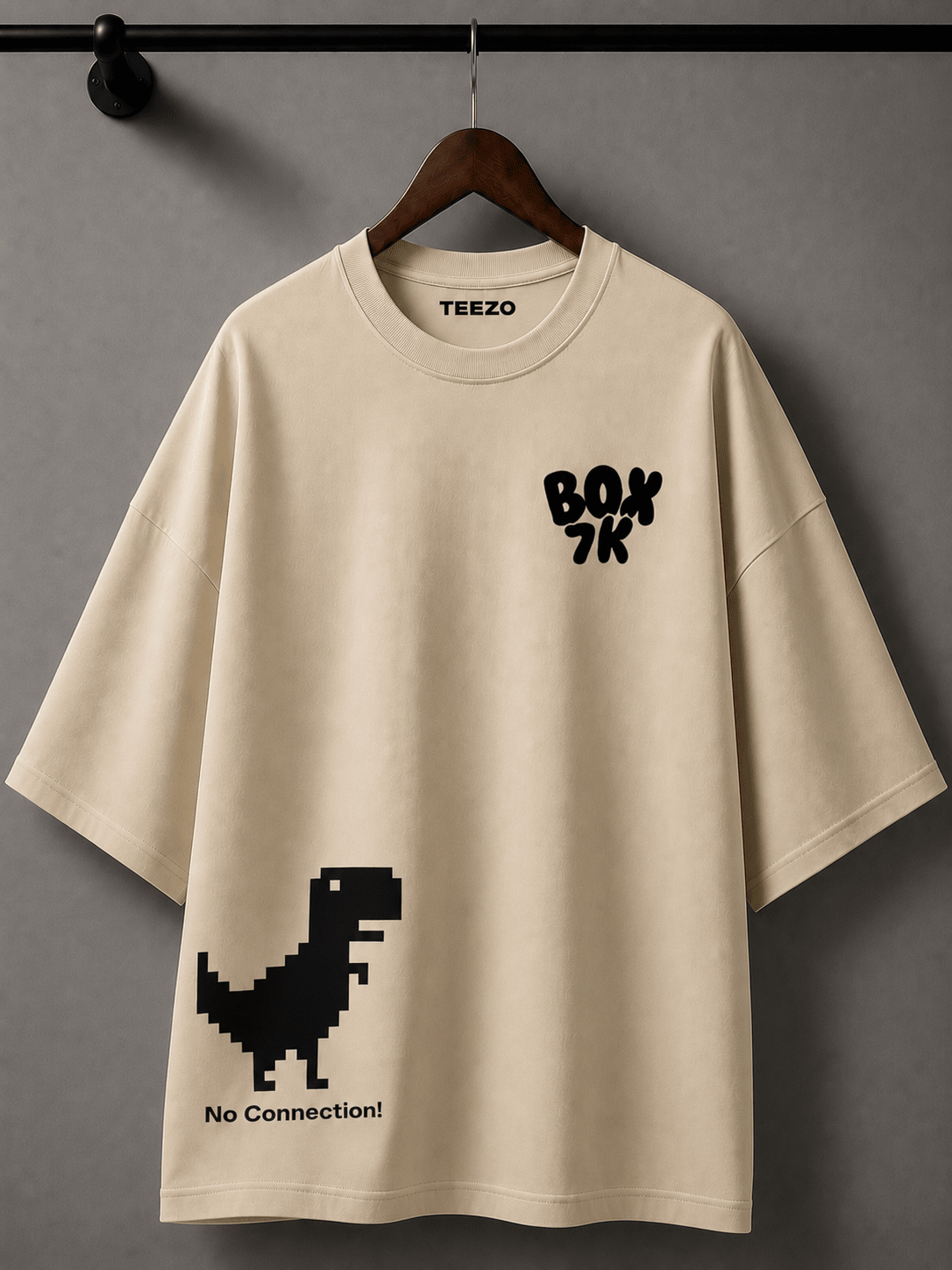 White oversized cotton T-shirt featuring a pixel dinosaur and No Connection graphic for unisex streetwear.