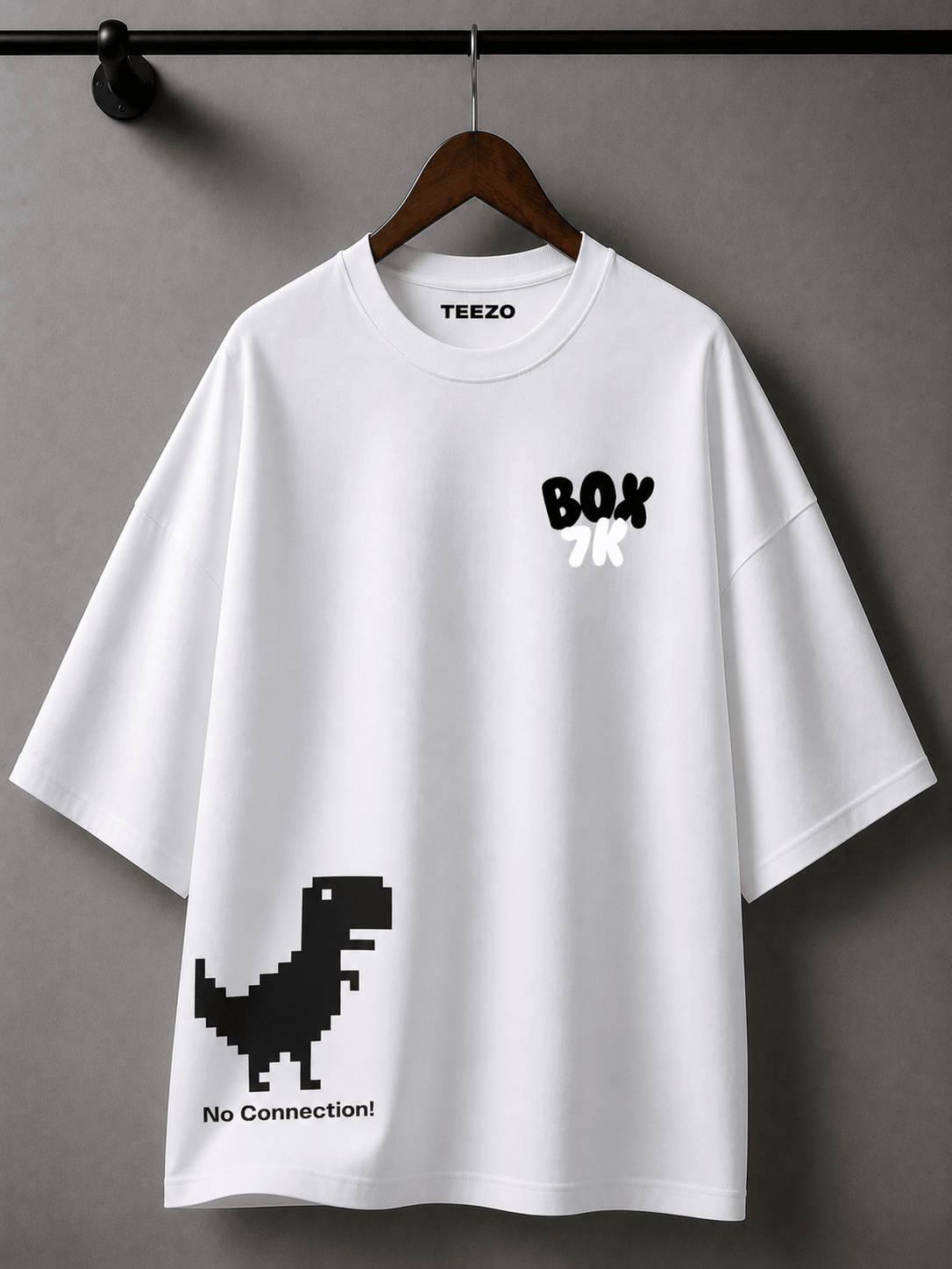 White oversized cotton T-shirt featuring a pixel dinosaur and No Connection graphic for unisex streetwear.