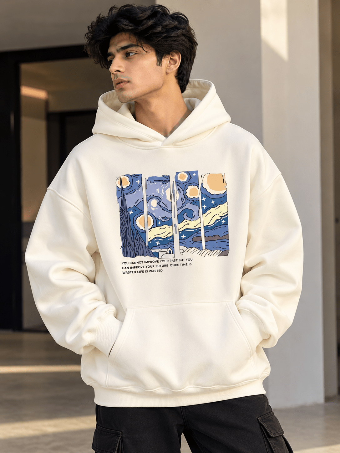 Off-white oversized hoodie with blue graphic print